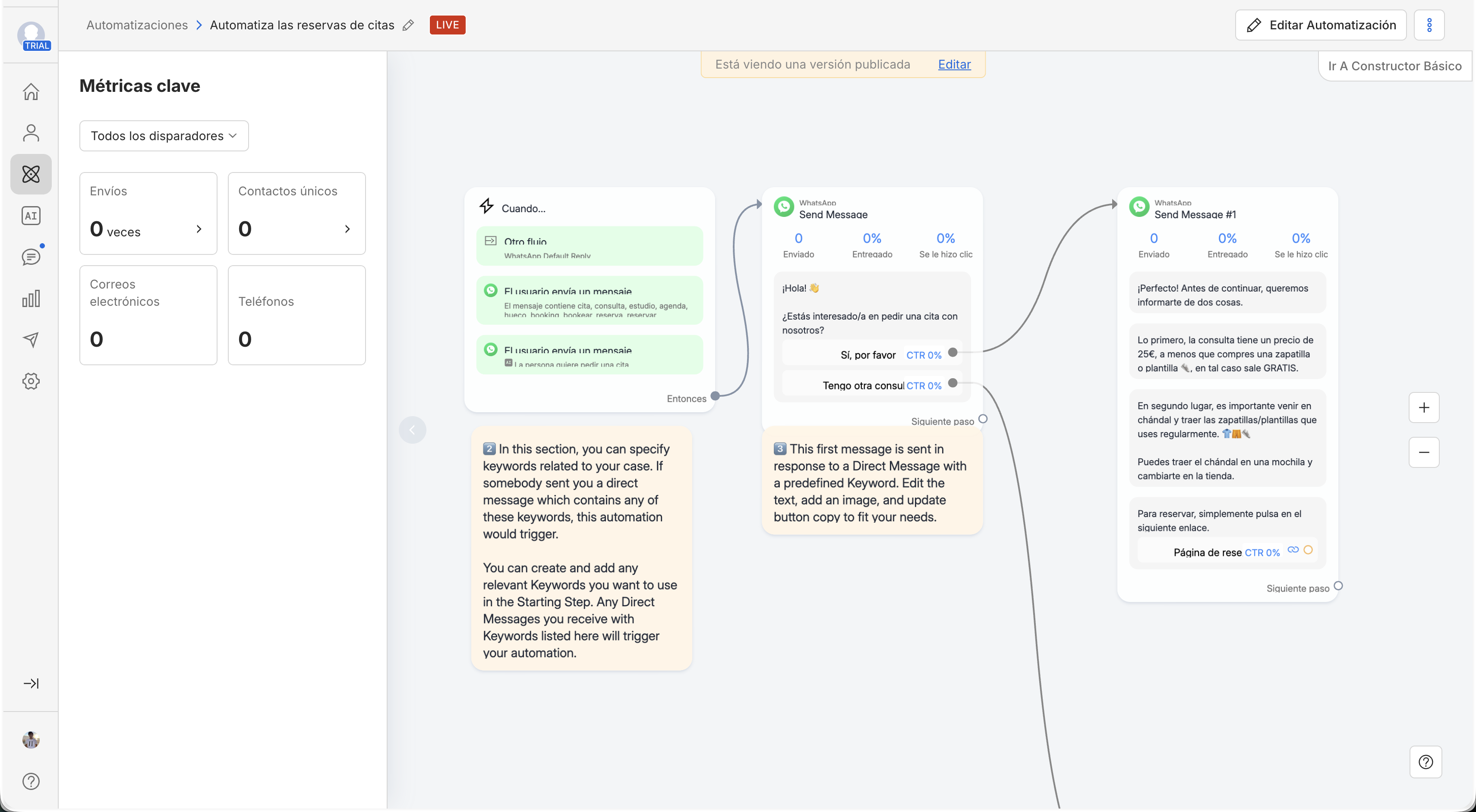 Flujo de automatización de reservas de citas en ManyChat para óptica — keywords trigger y flujo de confirmación con enlace de reserva