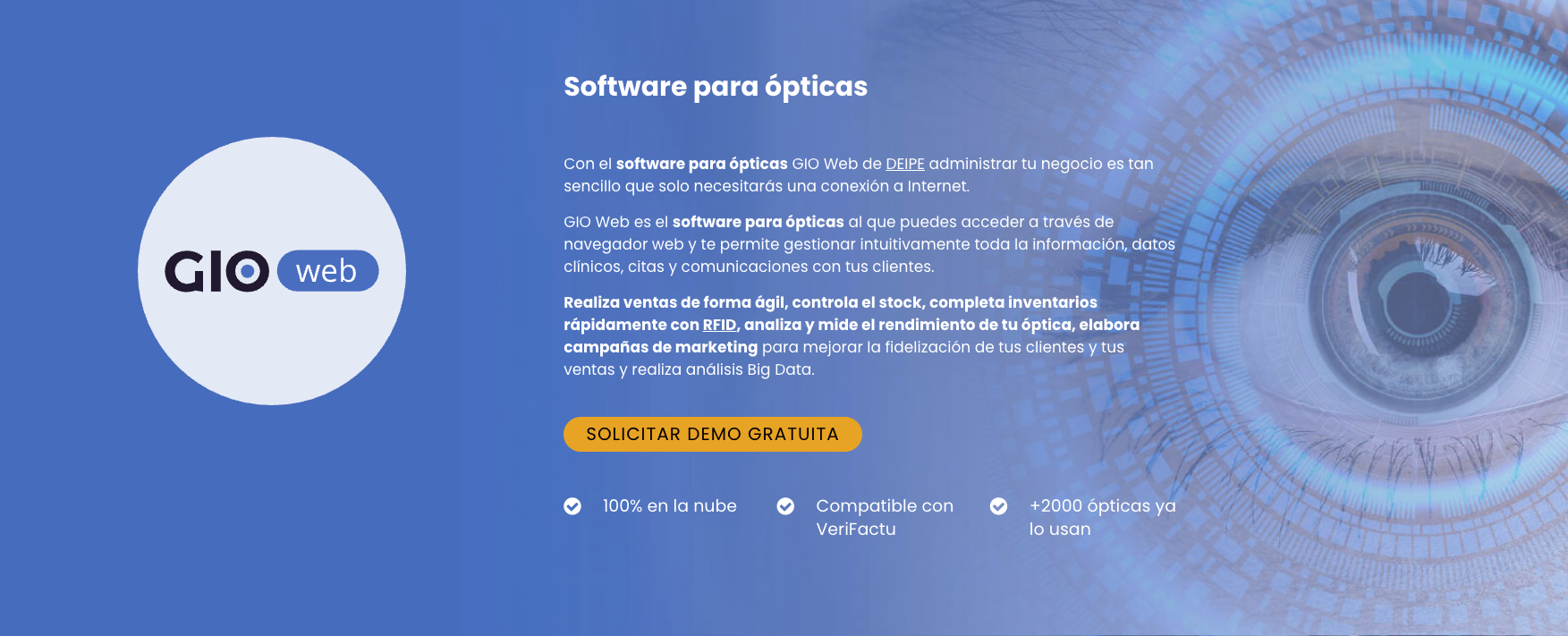 GIO Web de Deipe: software 100% en la nube para ópticas con tecnología RFID, compatible con VeriFactu y usado por más de 2.300 ópticas en España