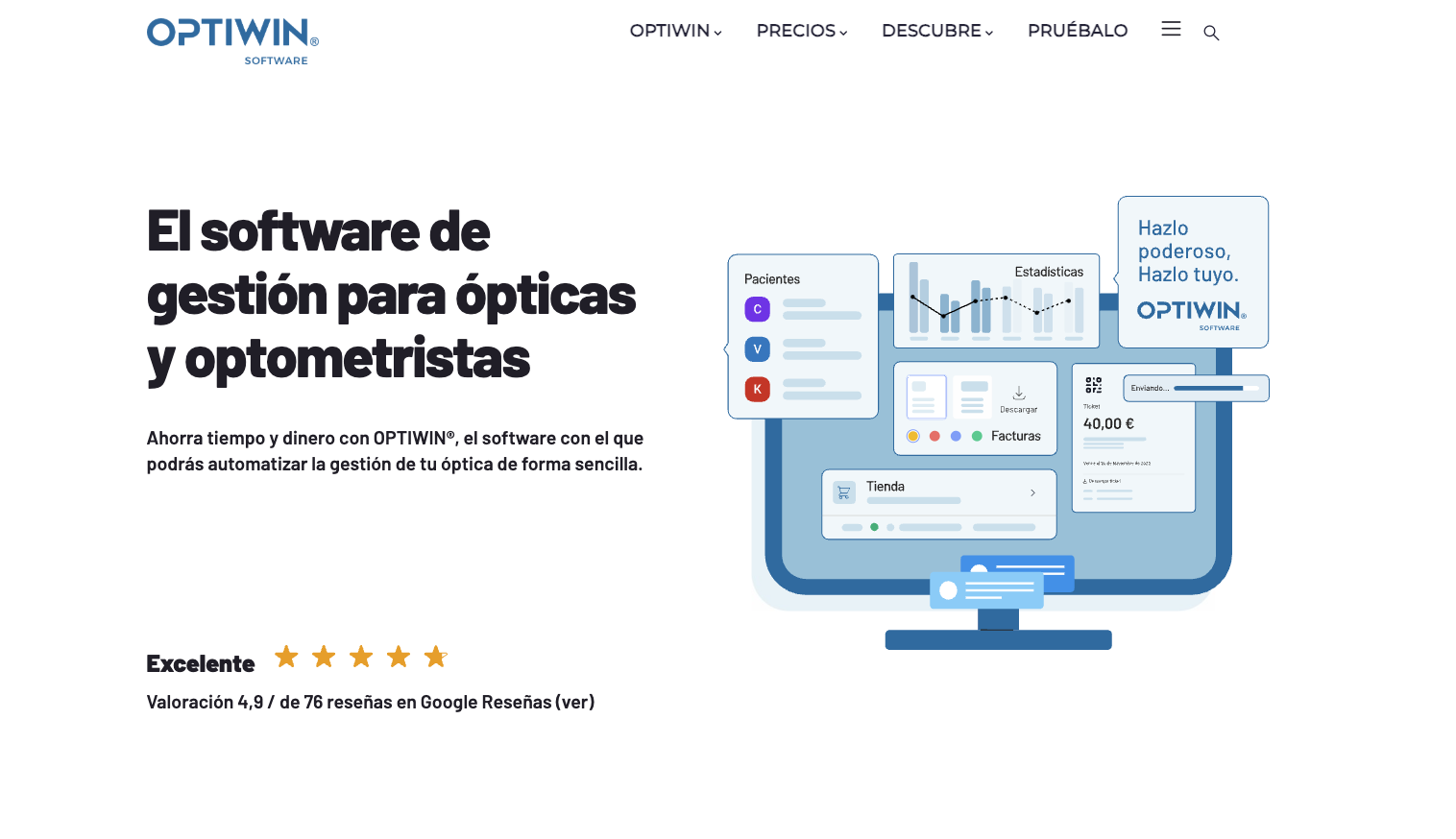 Optiwin: software de gestión online para ópticas y optometristas desde 49 euros al mes, con valoración 4.9 en Google de 76 reseñas, módulo de estadísticas y facturación