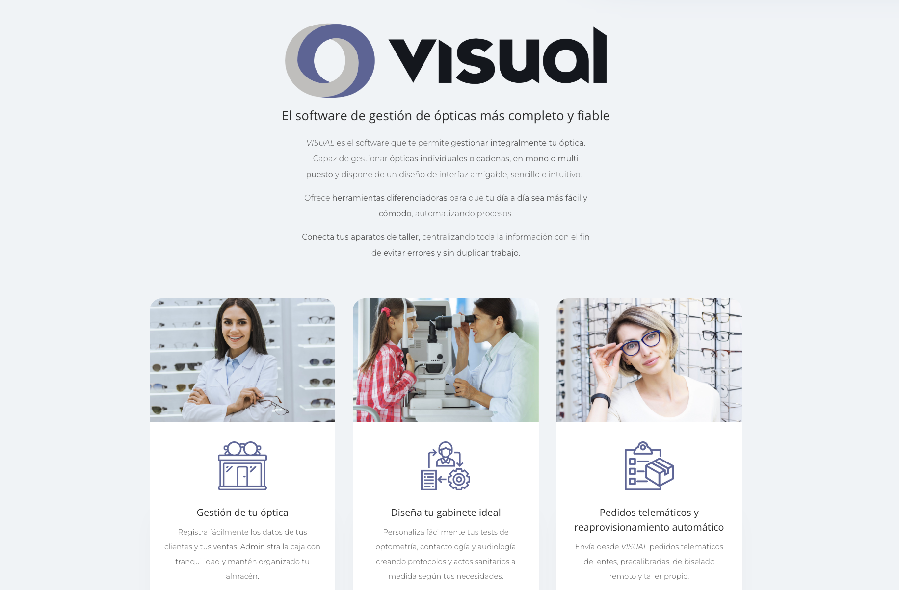 Visual de Temática Software: página oficial mostrando el software de gestión de ópticas más completo y fiable de España, con funciones de gestión de óptica, diseño de gabinete y pedidos telemáticos